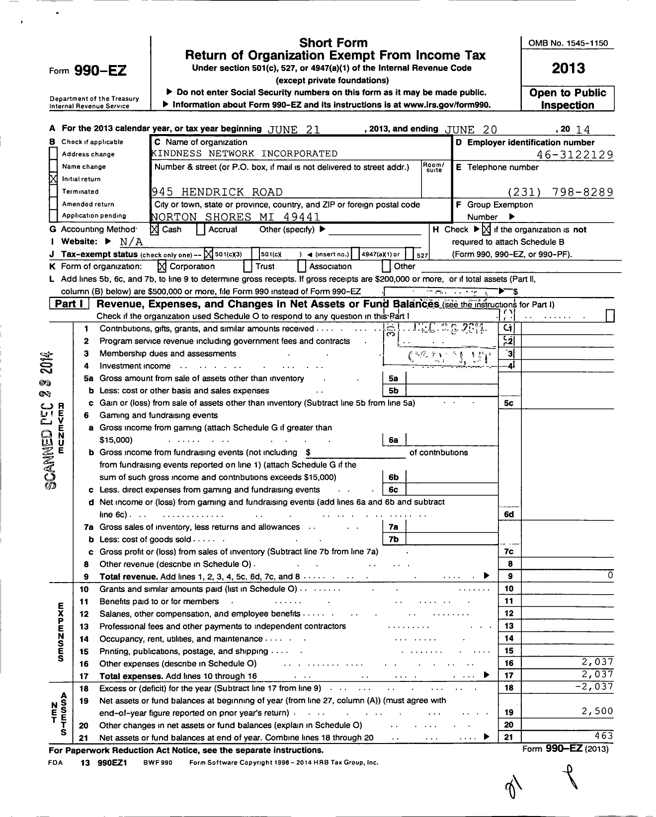 Image of first page of 2013 Form 990EZ for Kindness Network Incorporated