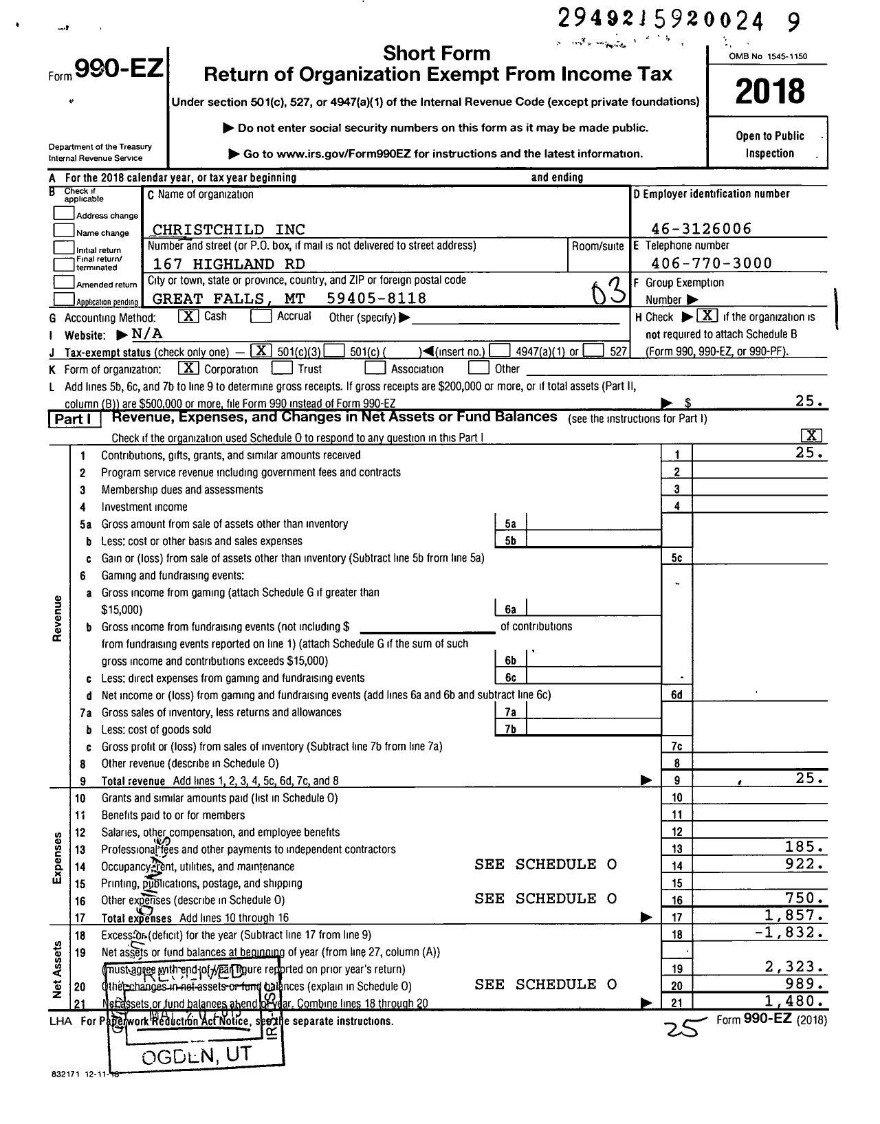 Image of first page of 2018 Form 990EZ for Christchild