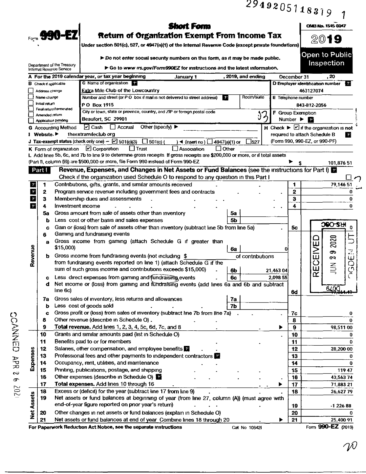 Image of first page of 2019 Form 990EZ for Extra Mile Club of the Lowcountry