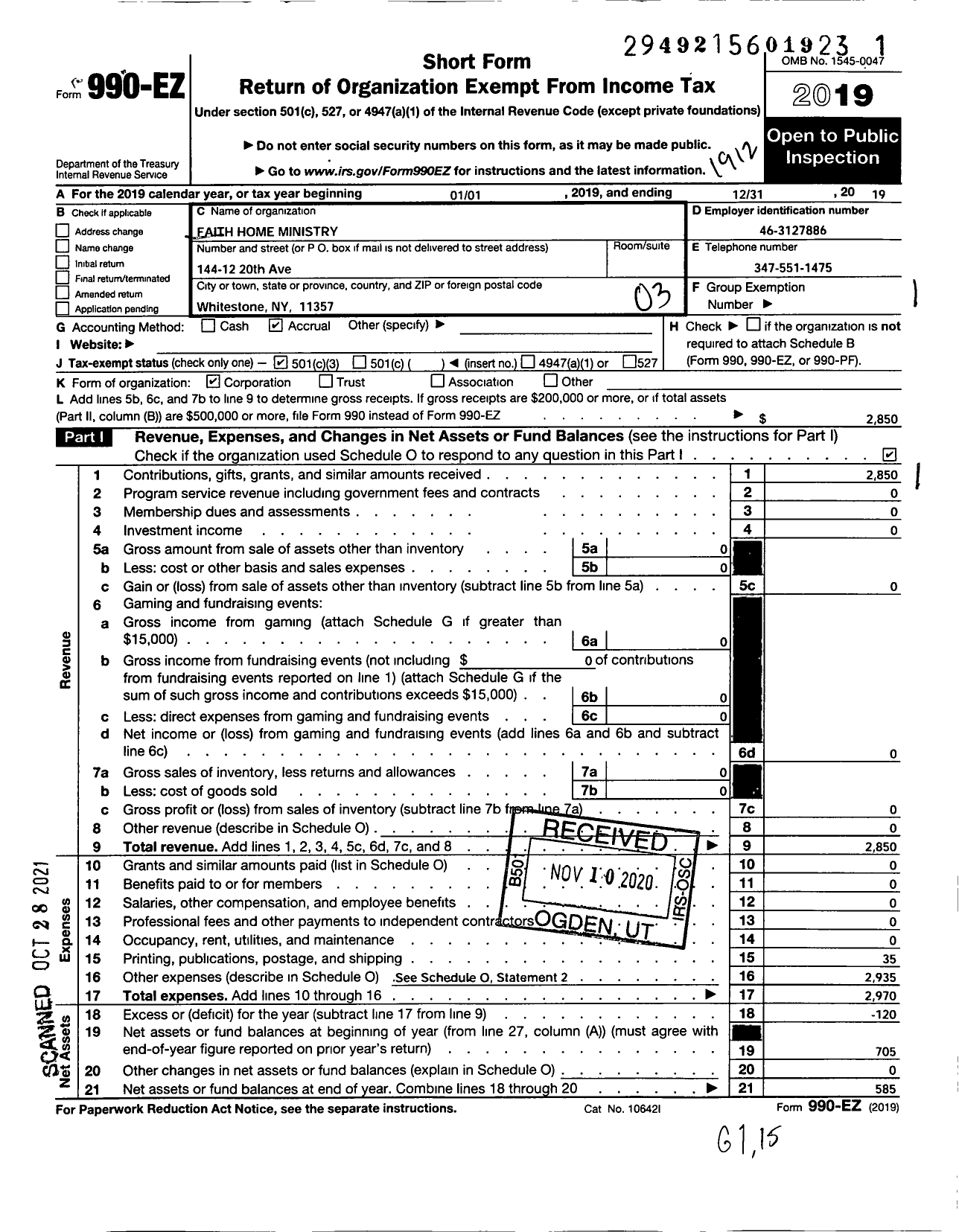 Image of first page of 2019 Form 990EZ for Faith Home Ministry