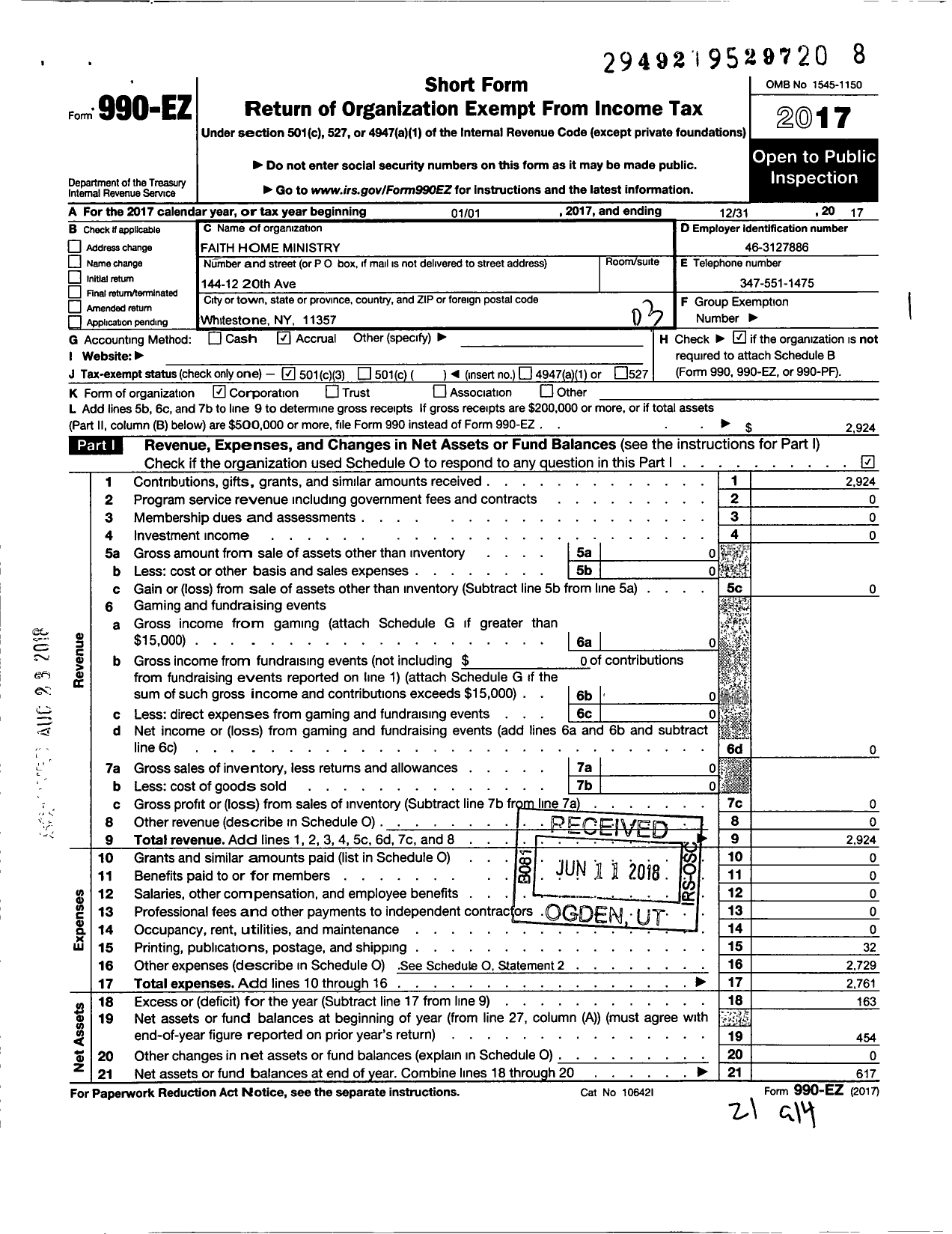 Image of first page of 2017 Form 990EZ for Faith Home Ministry