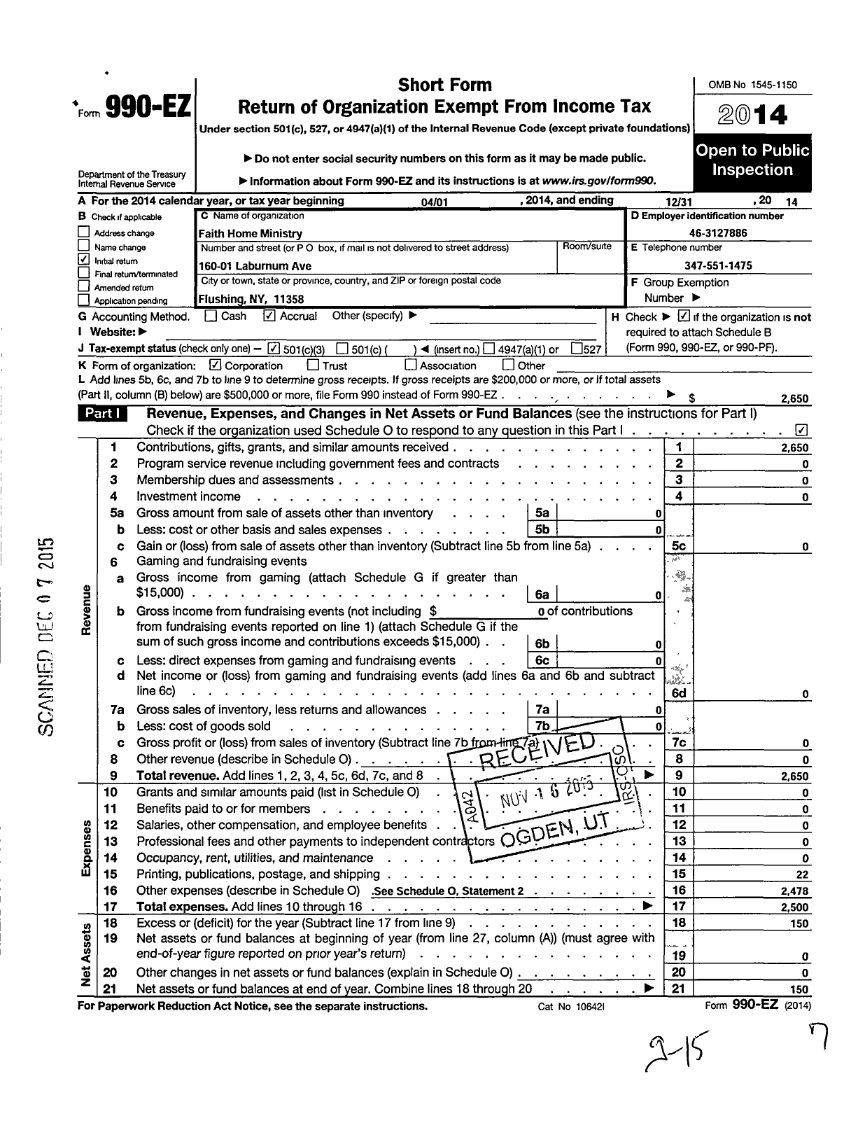 Image of first page of 2014 Form 990EZ for Faith Home Ministry