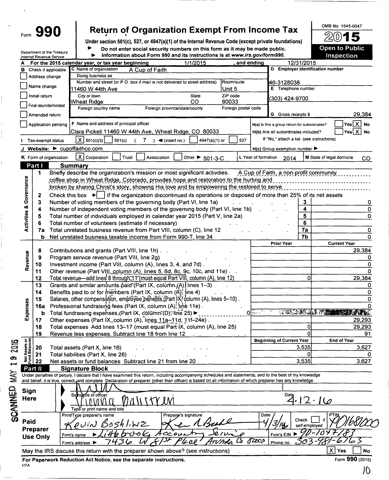 Image of first page of 2015 Form 990O for A Cup of Faith