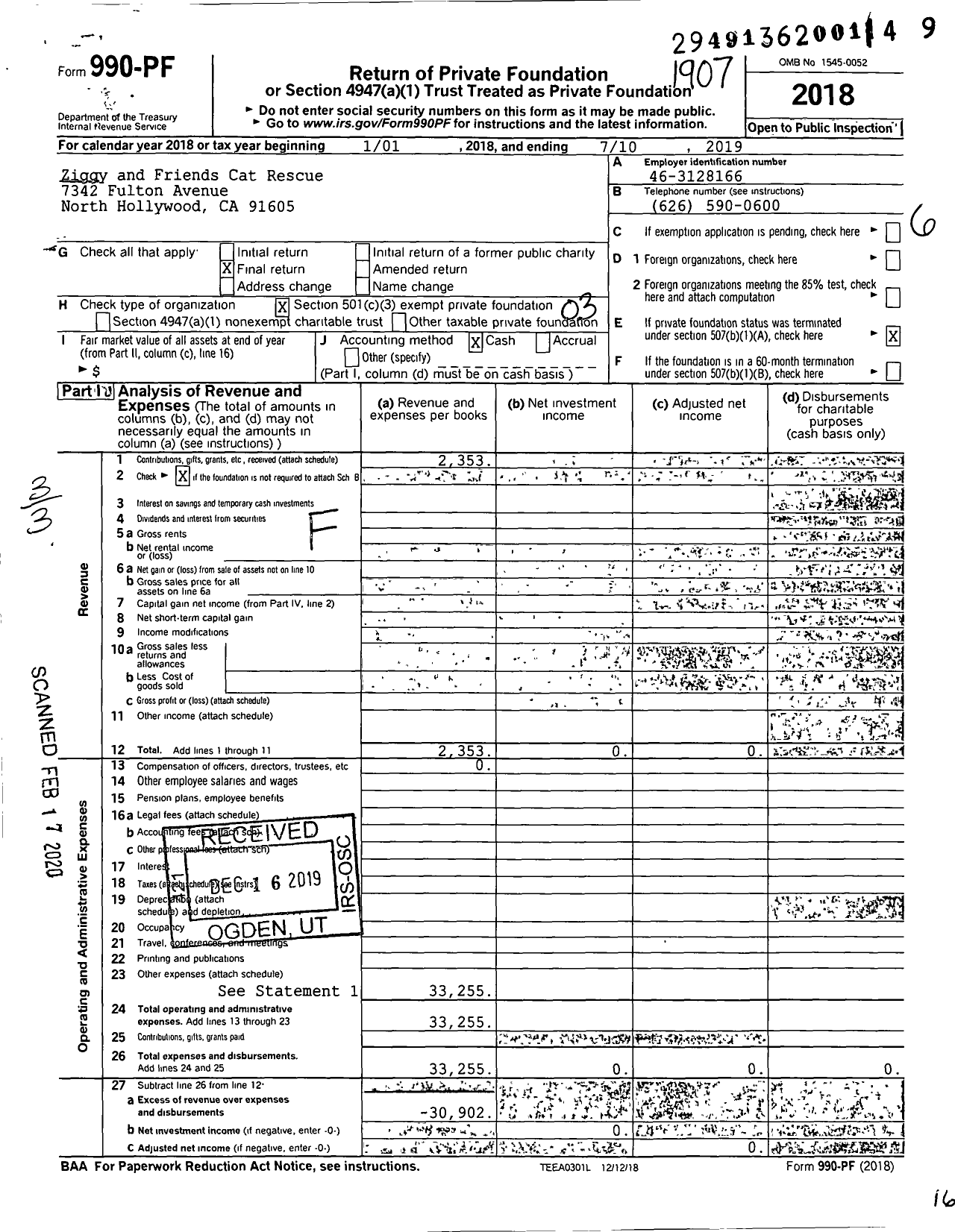 Image of first page of 2018 Form 990PF for Ziggy and Friends Cat Rescue