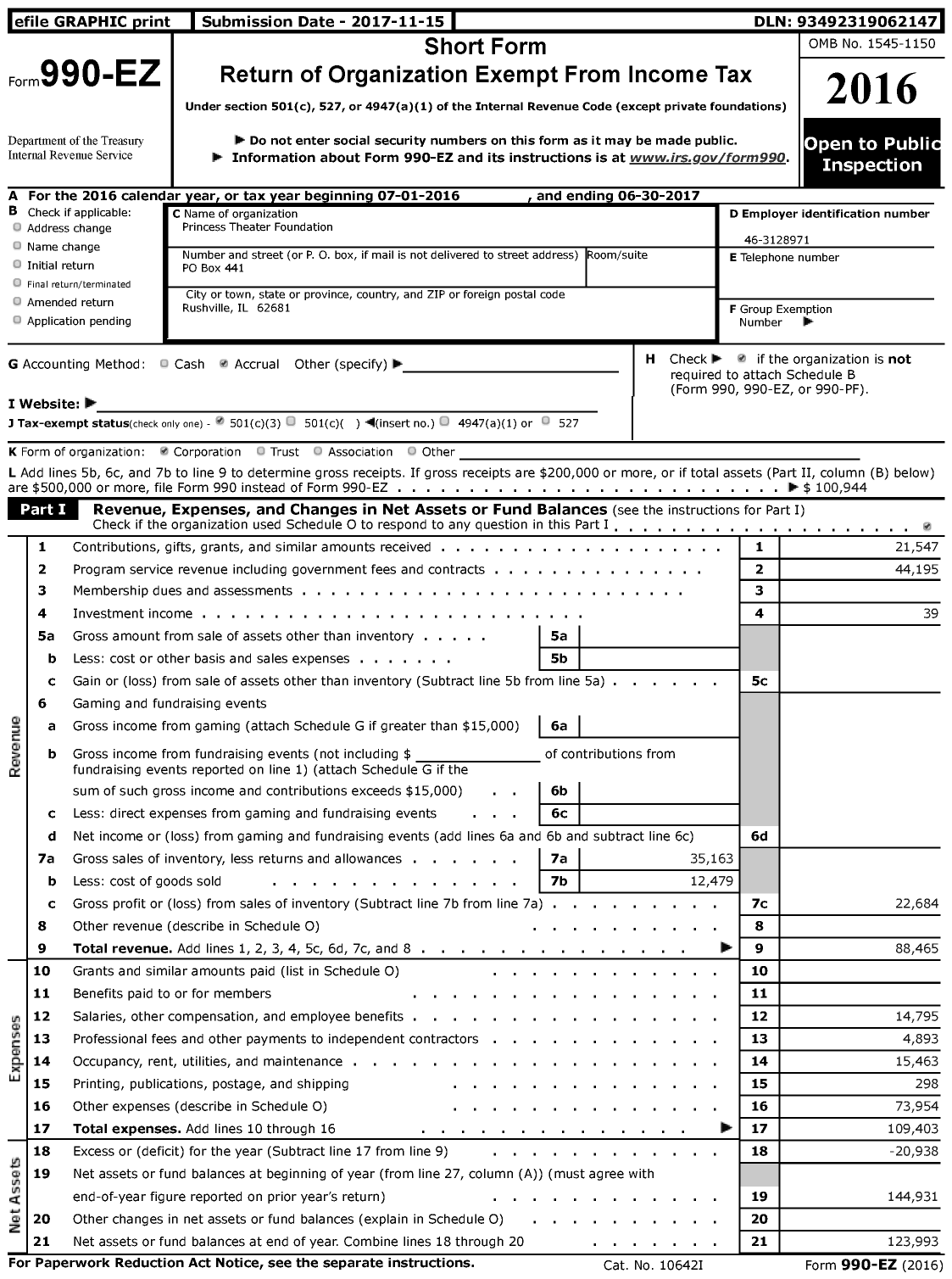 Image of first page of 2016 Form 990EZ for Princess Theater Foundation