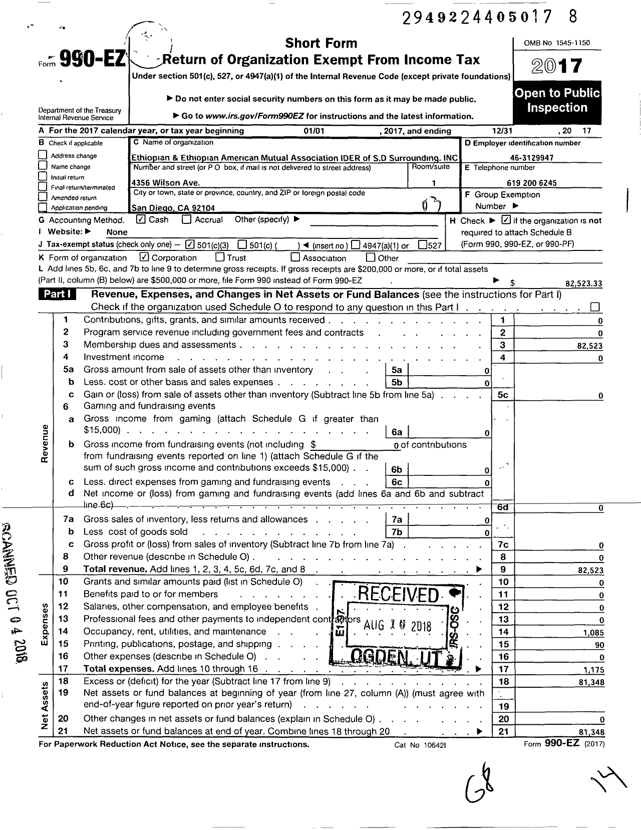 Image of first page of 2017 Form 990EZ for Ethiopian and Ethiopian American Mutual Association