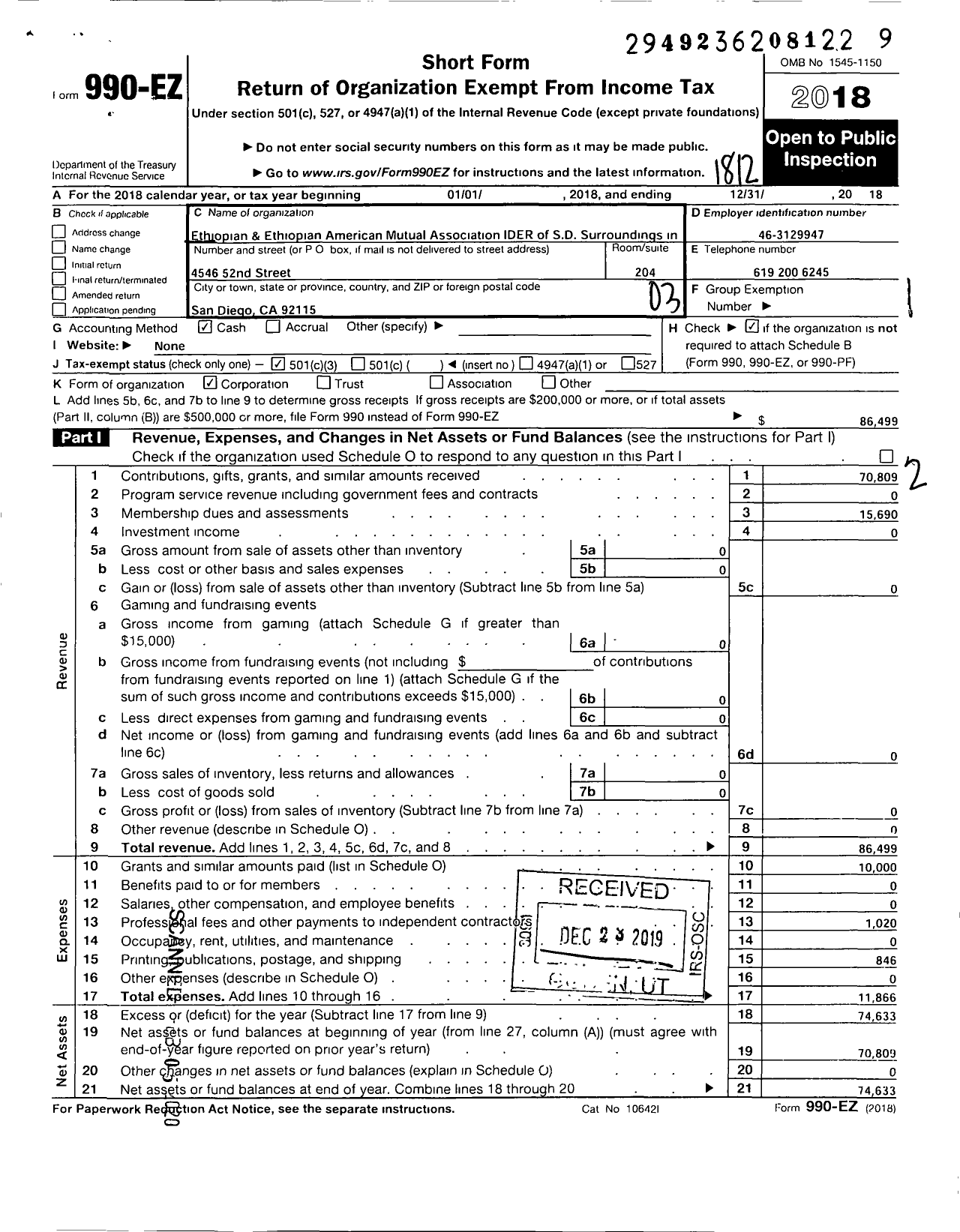 Image of first page of 2018 Form 990EZ for Ethiopian and Ethiopian American Mutual Association