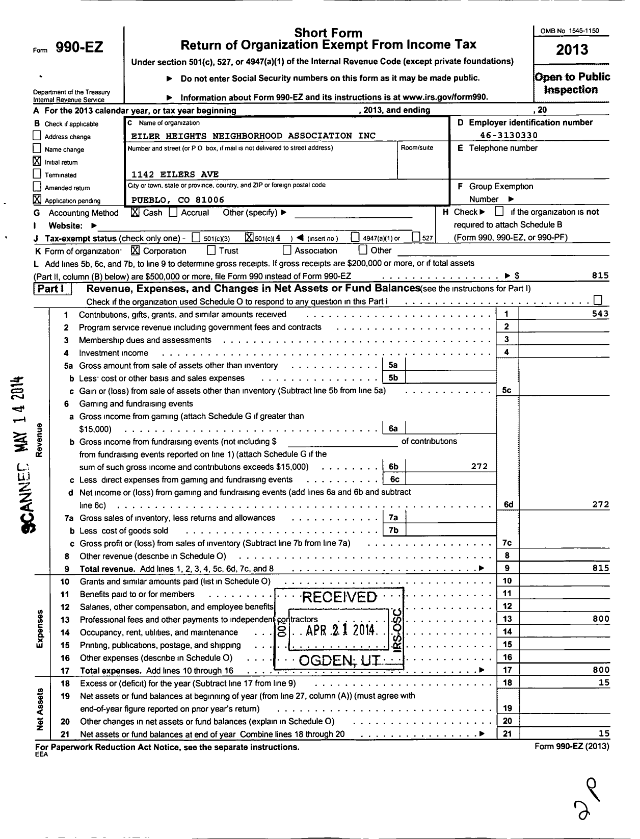 Image of first page of 2013 Form 990EO for Eiler Heights Neighborhood Association