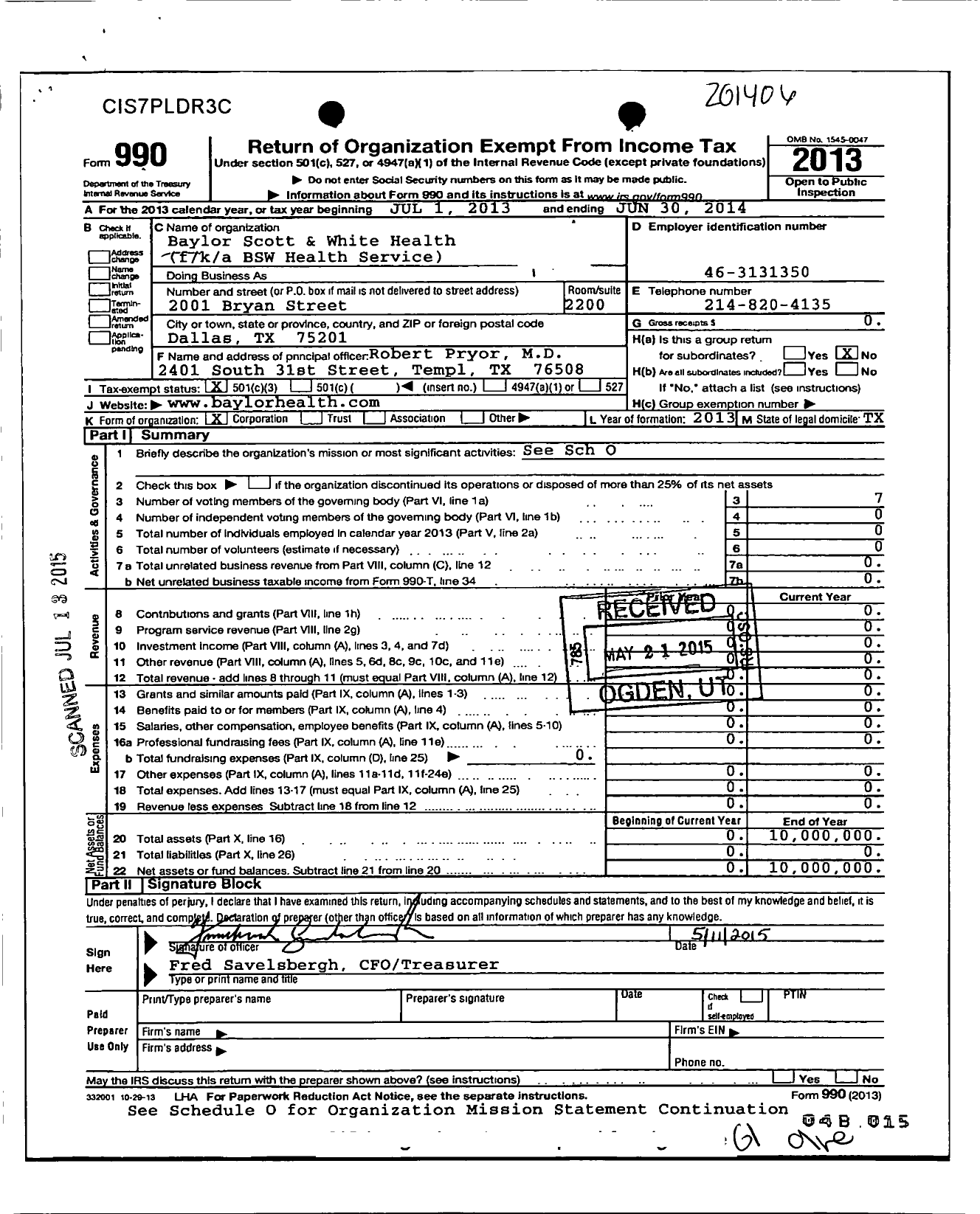 Image of first page of 2013 Form 990 for Baylor Scott & White Health