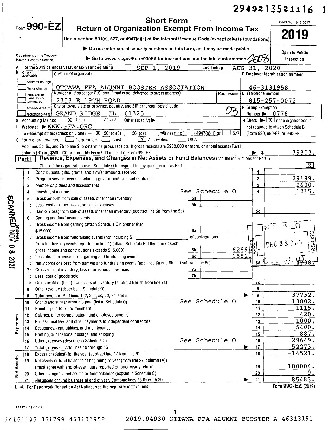 Image of first page of 2019 Form 990EZ for Future Farmers of America - 12291 Ottawa Ffa Alumni Boosters