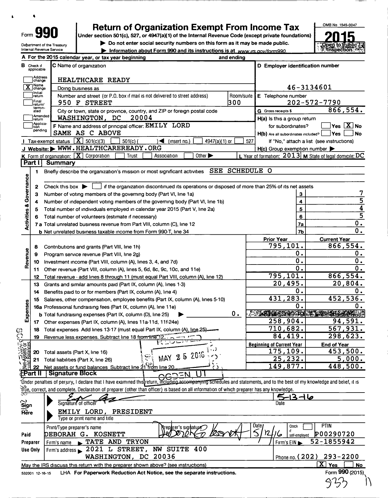 Image of first page of 2015 Form 990 for Healthcare Ready