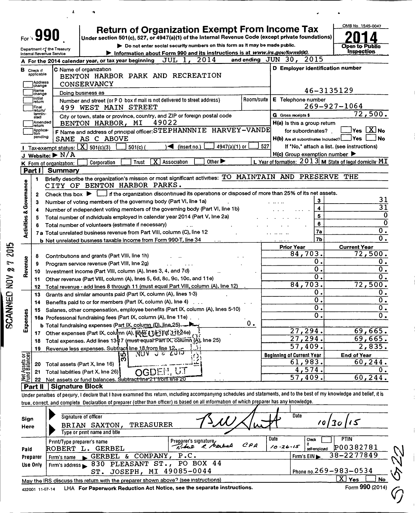 Image of first page of 2014 Form 990 for Benton Harbor Parks and Recreation Conservancy