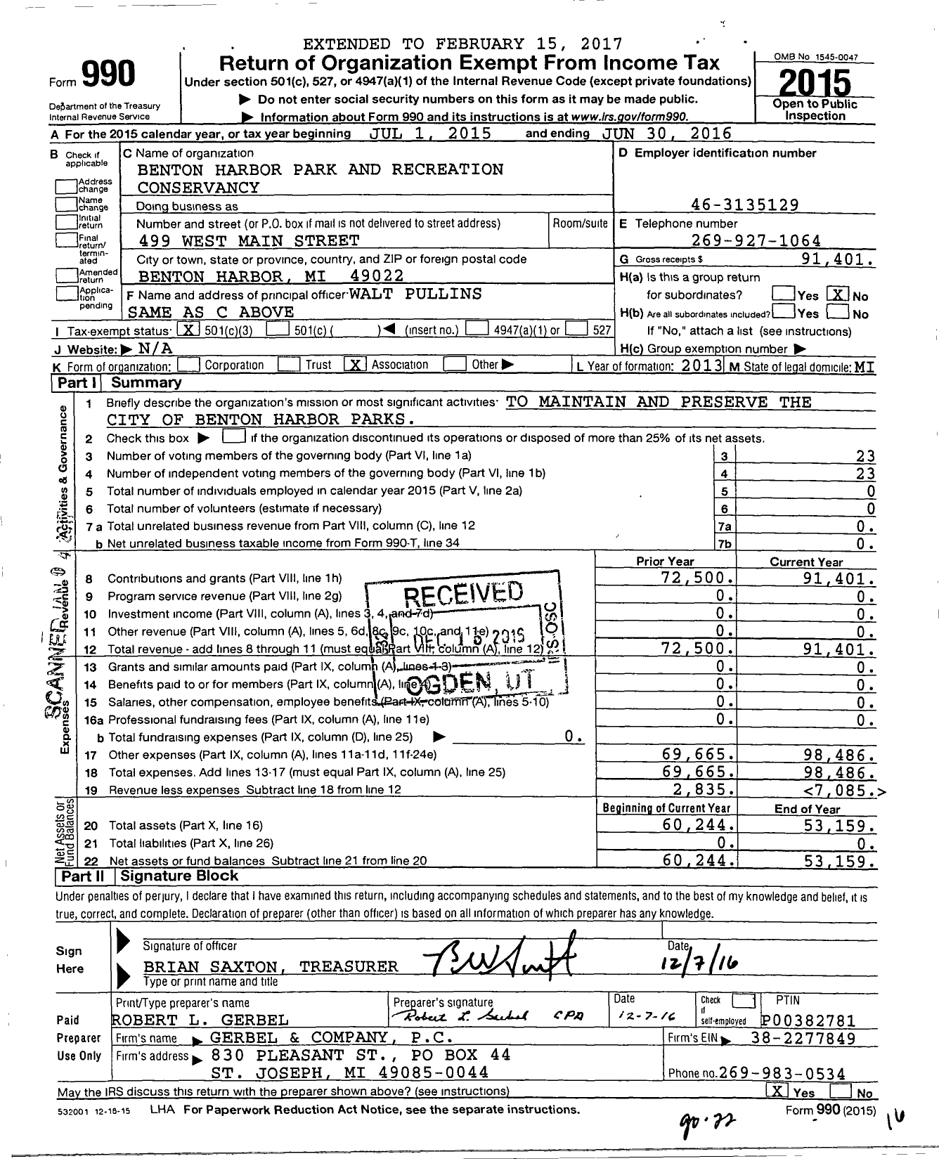 Image of first page of 2015 Form 990 for Benton Harbor Parks and Recreation Conservancy