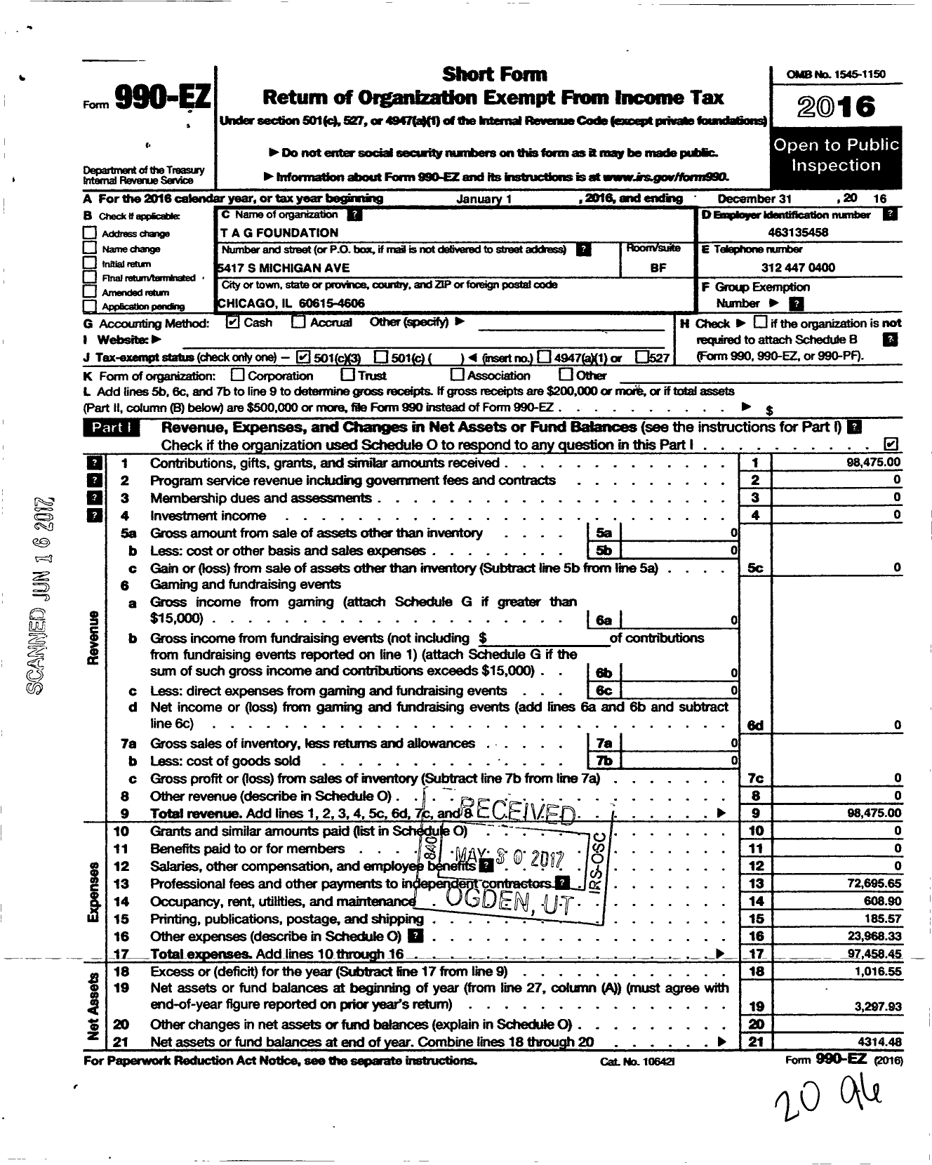 Image of first page of 2016 Form 990EZ for T A G Foundation