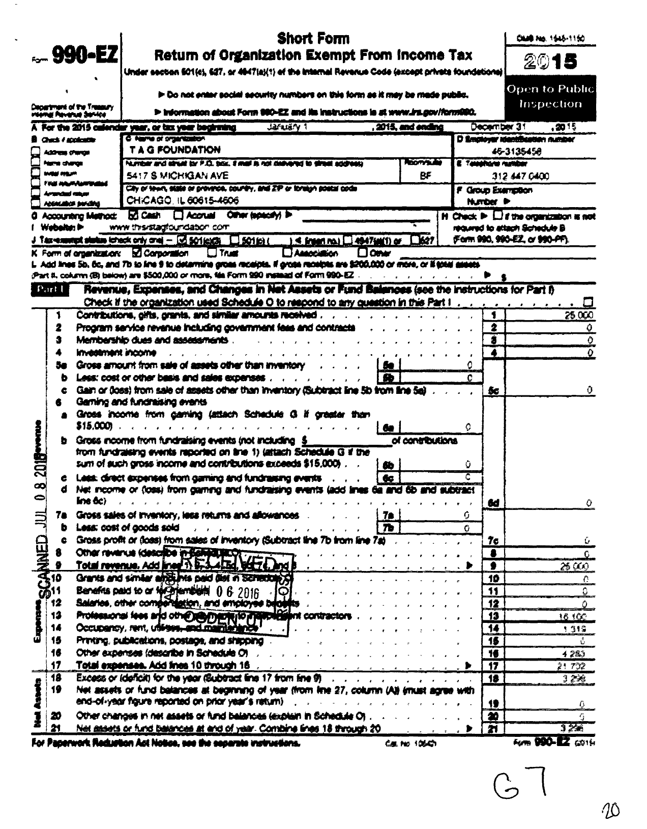 Image of first page of 2015 Form 990EZ for T A G Foundation