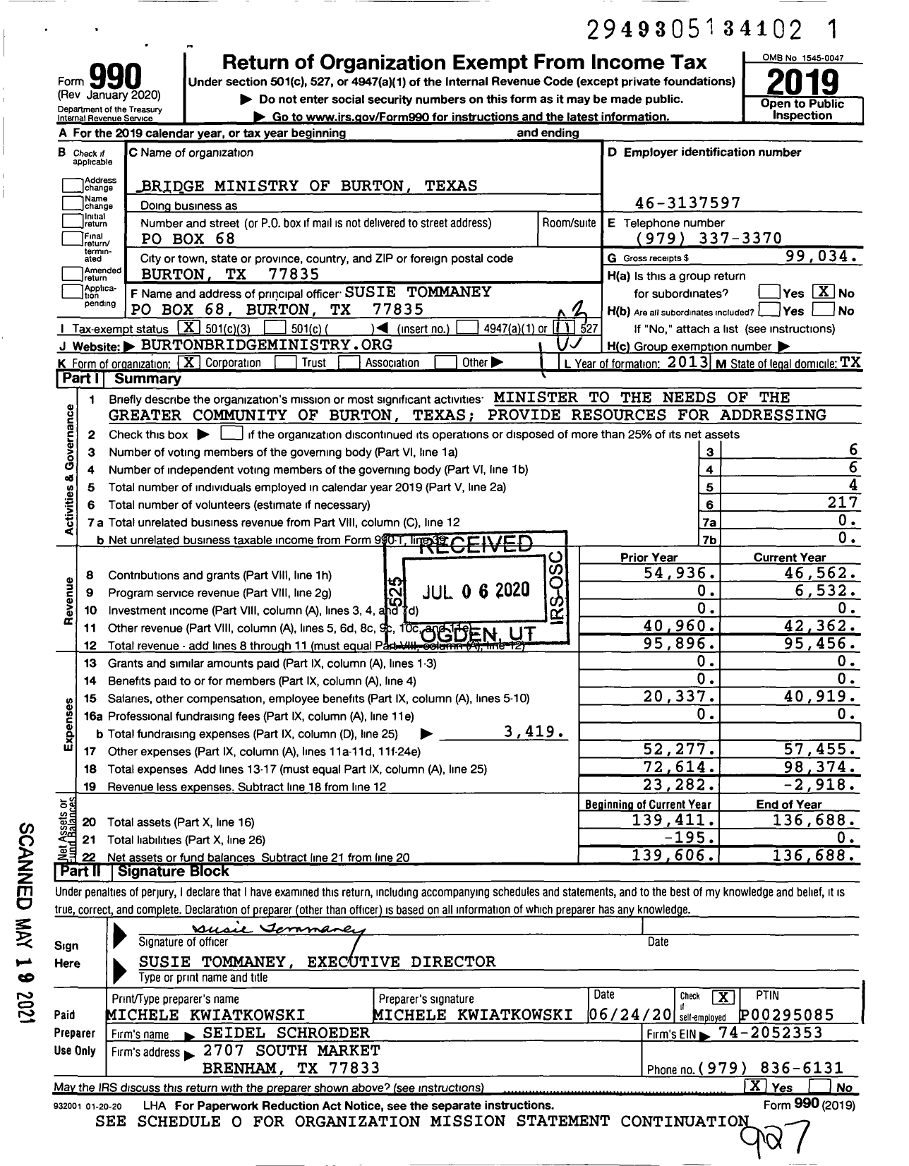 Image of first page of 2019 Form 990 for Bridge Ministry of Burton Texas