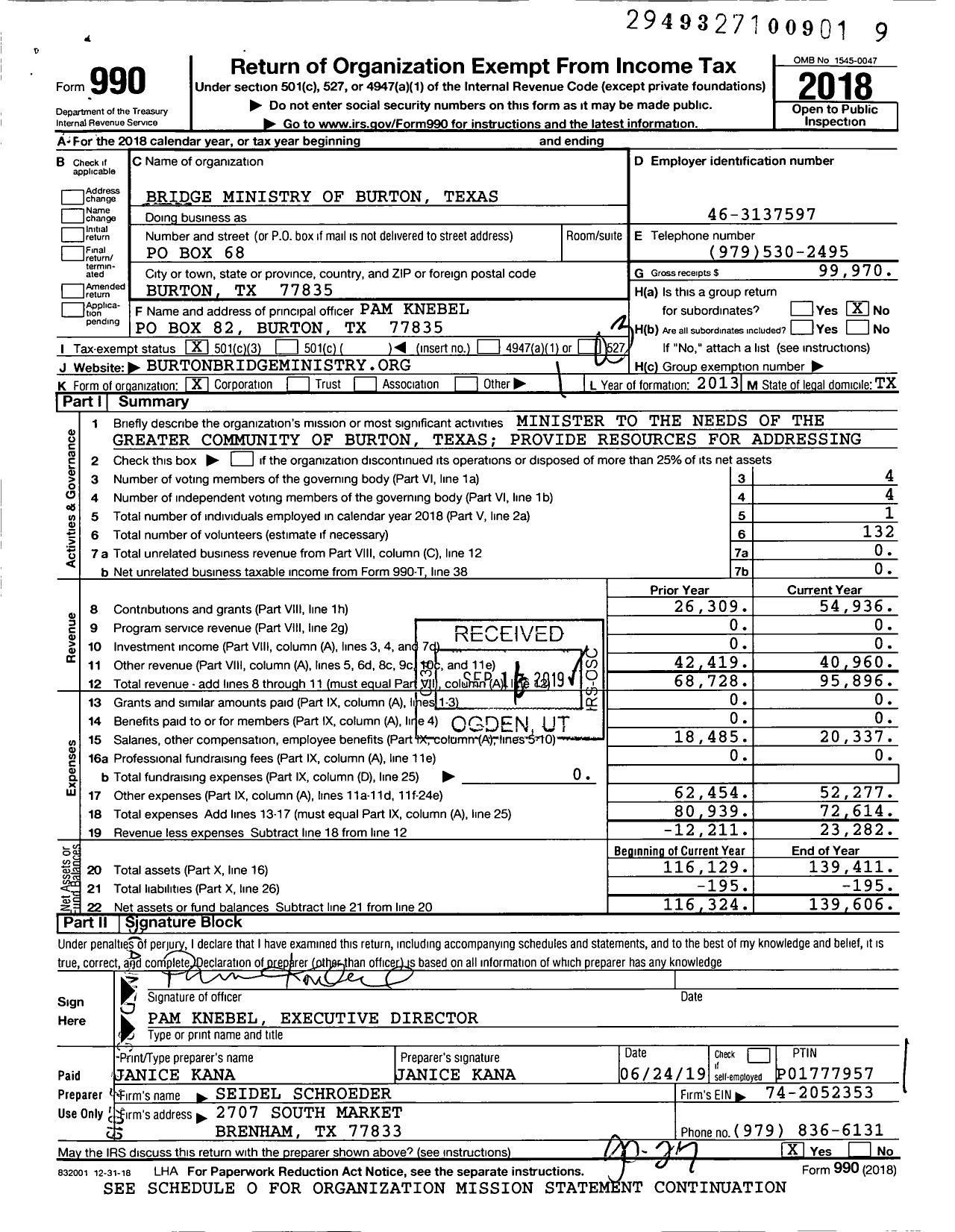 Image of first page of 2018 Form 990 for Bridge Ministry of Burton Texas