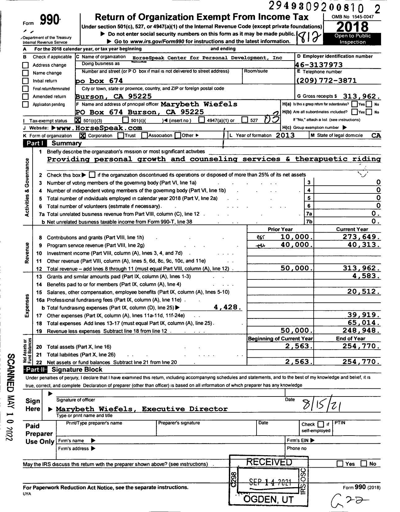 Image of first page of 2018 Form 990 for Horsespeak Center for Personal Development