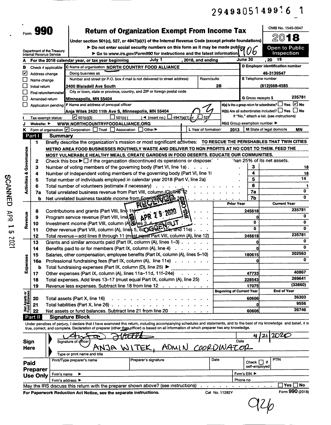 Image of first page of 2018 Form 990 for North Country Food Alliance