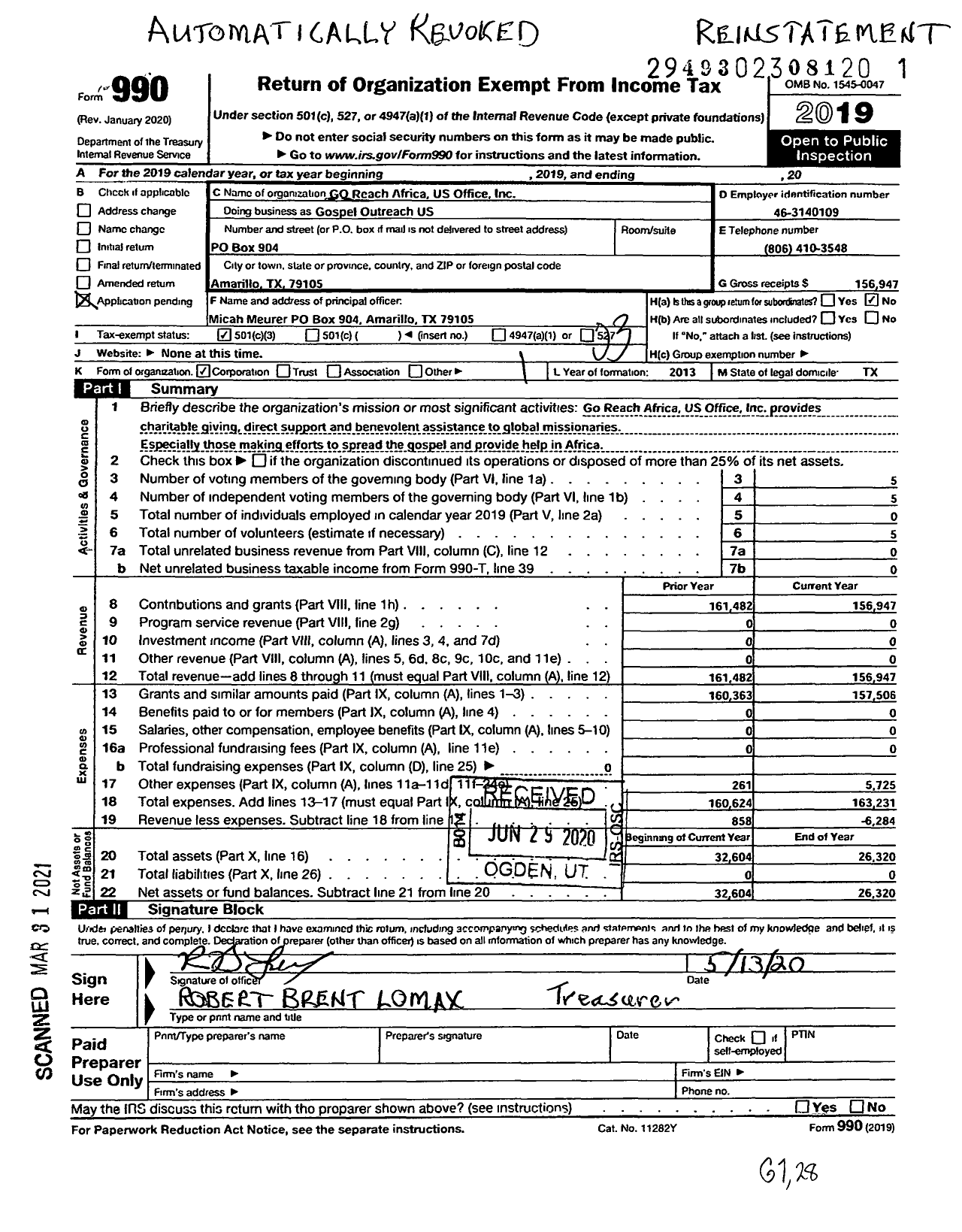 Image of first page of 2019 Form 990 for Gospel Outreach US