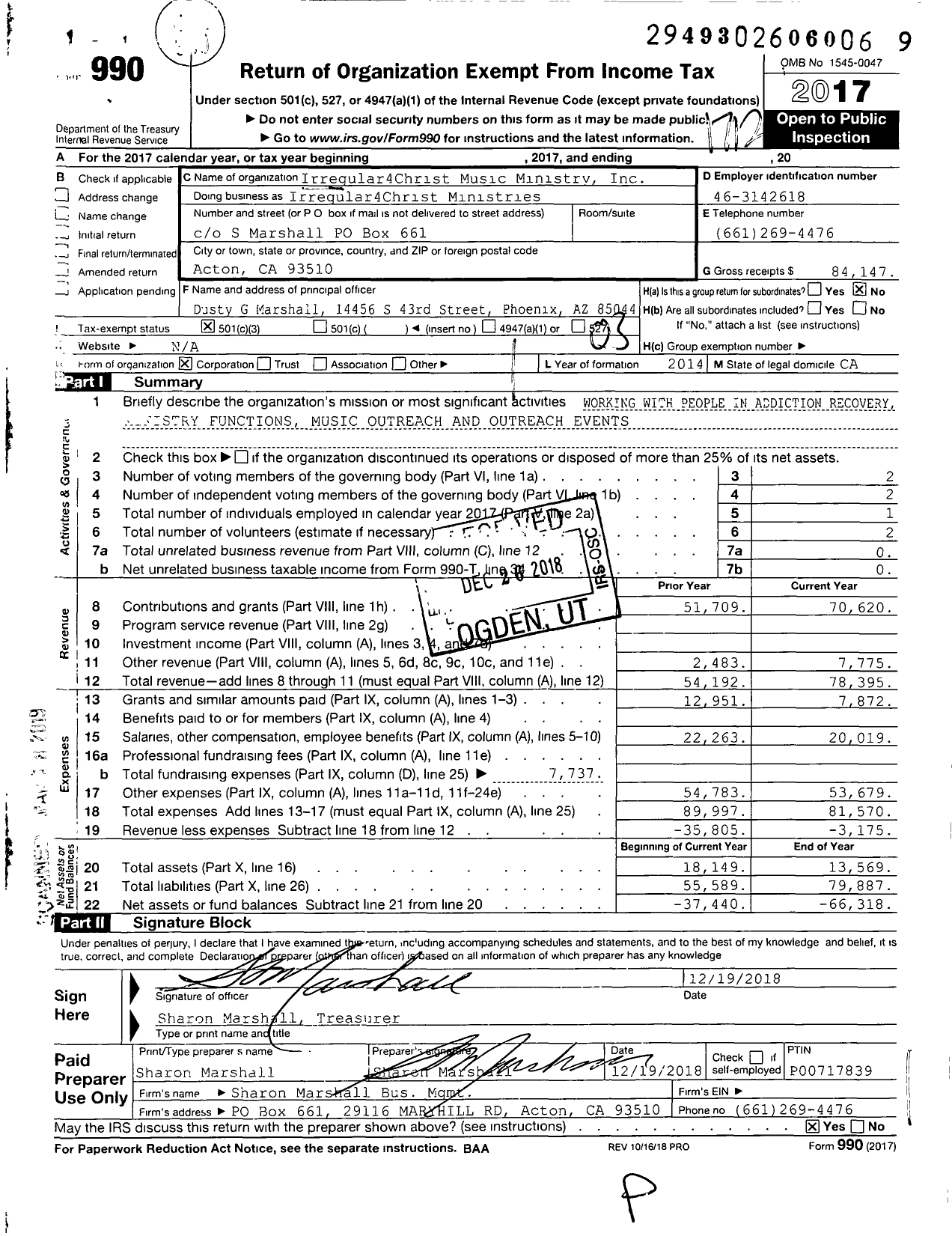 Image of first page of 2017 Form 990 for Irregular4Christ Music Ministry