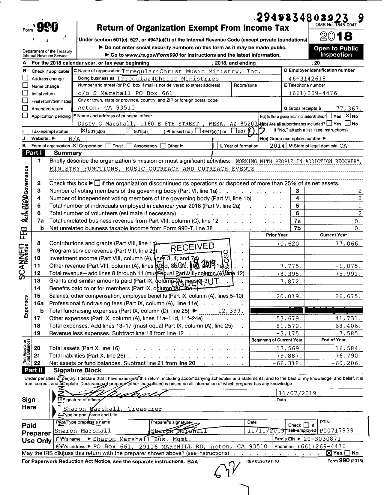 Image of first page of 2018 Form 990 for Irregular4Christ Music Ministry