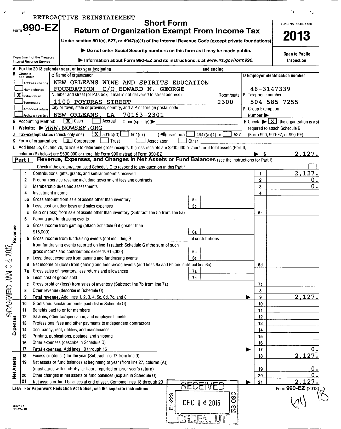 Image of first page of 2013 Form 990EZ for Vimvm Wine and Spirits Education Foundation