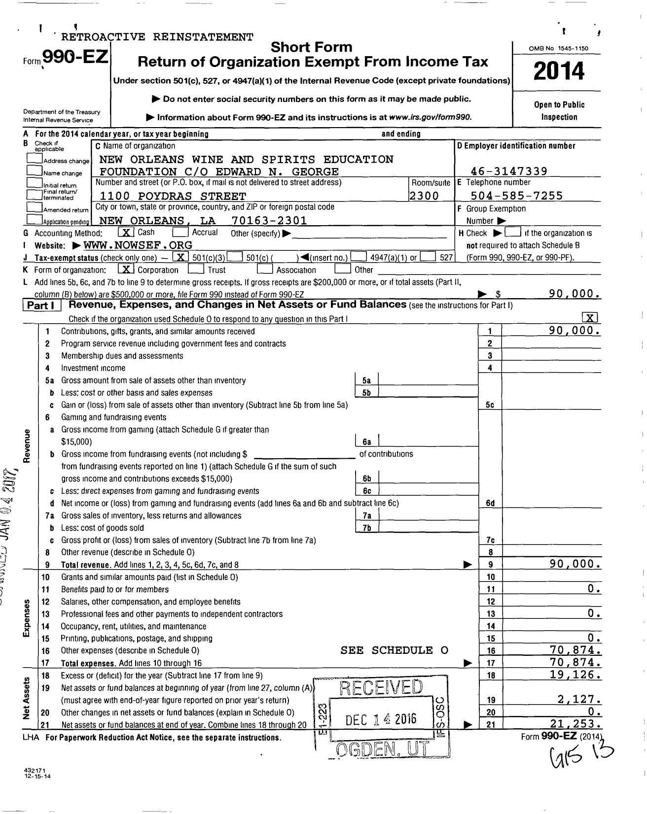 Image of first page of 2014 Form 990EZ for Vimvm Wine and Spirits Education Foundation