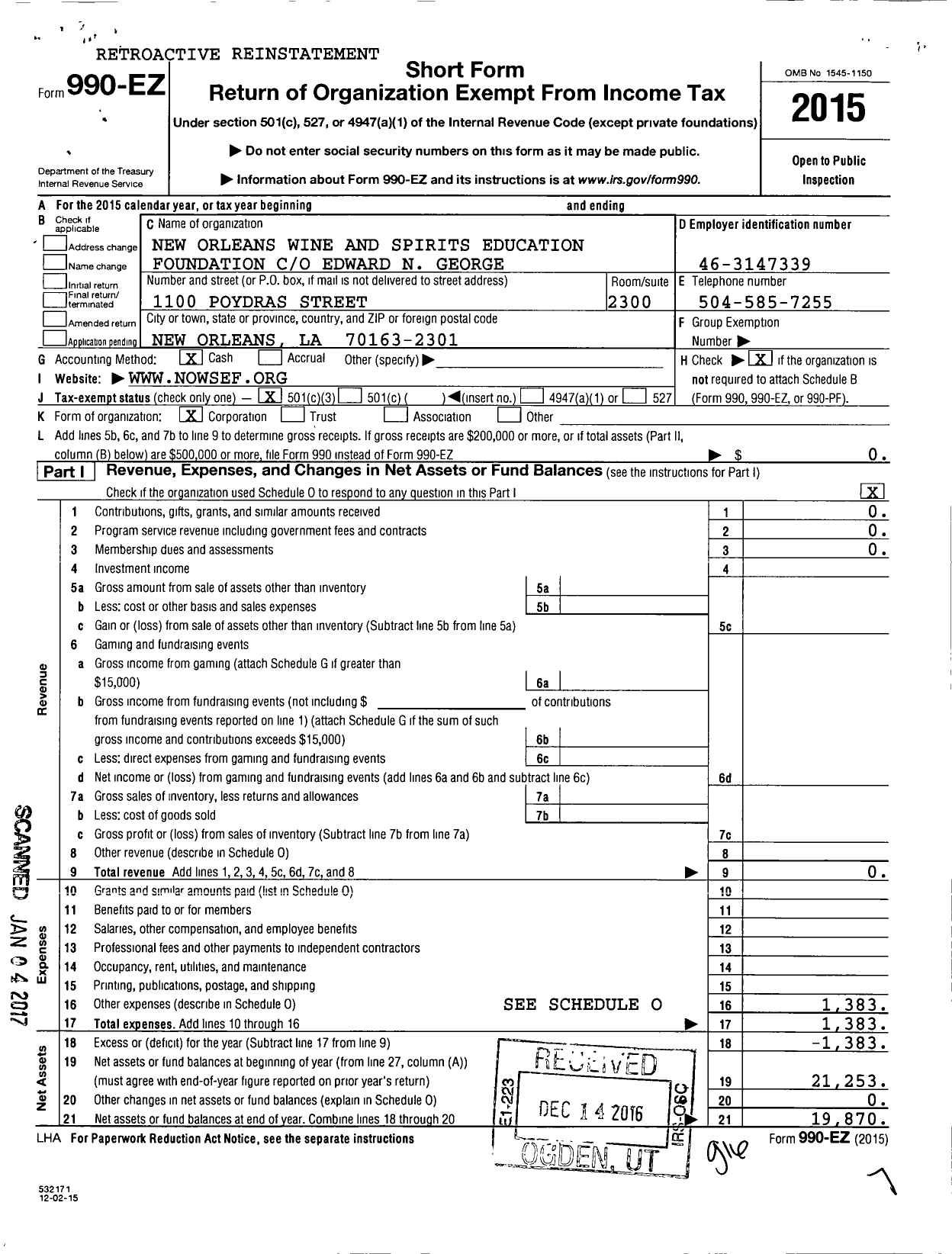 Image of first page of 2015 Form 990EZ for Vimvm Wine and Spirits Education Foundation