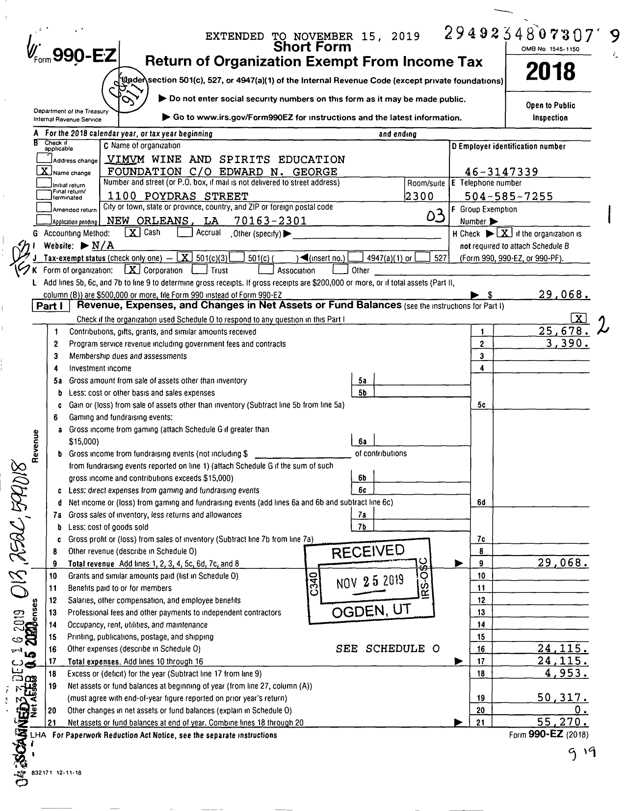 Image of first page of 2018 Form 990EZ for Vimvm Wine and Spirits Education Foundation