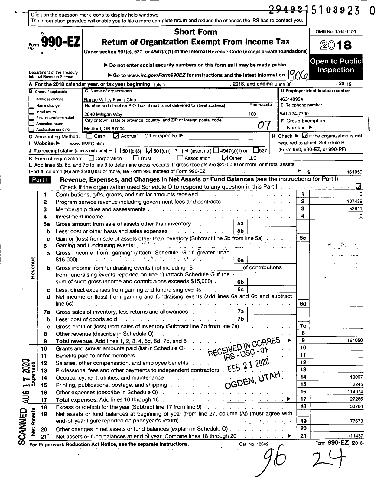 Image of first page of 2018 Form 990EO for Rogue Valley Flying Club