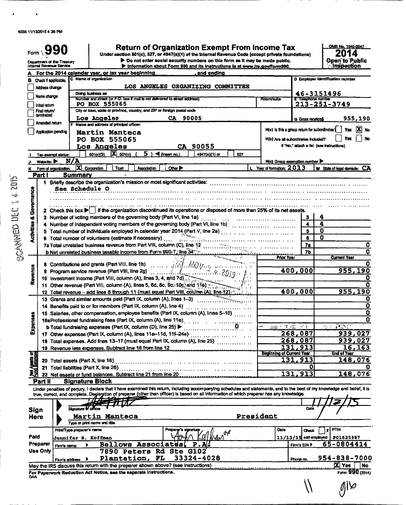 Image of first page of 2014 Form 990O for Los Angeles Organizing Committee