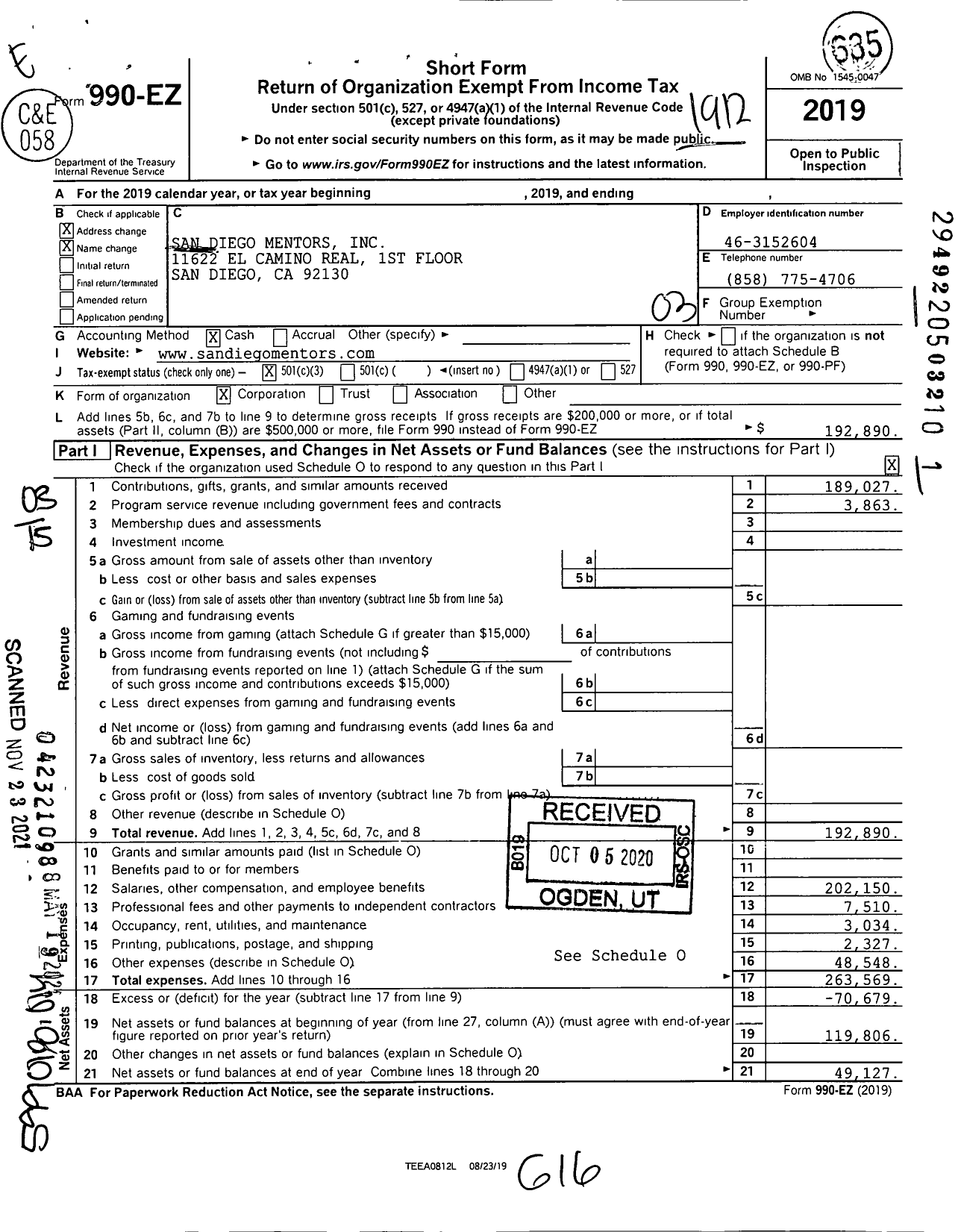 Image of first page of 2019 Form 990EZ for San Diego Mentors