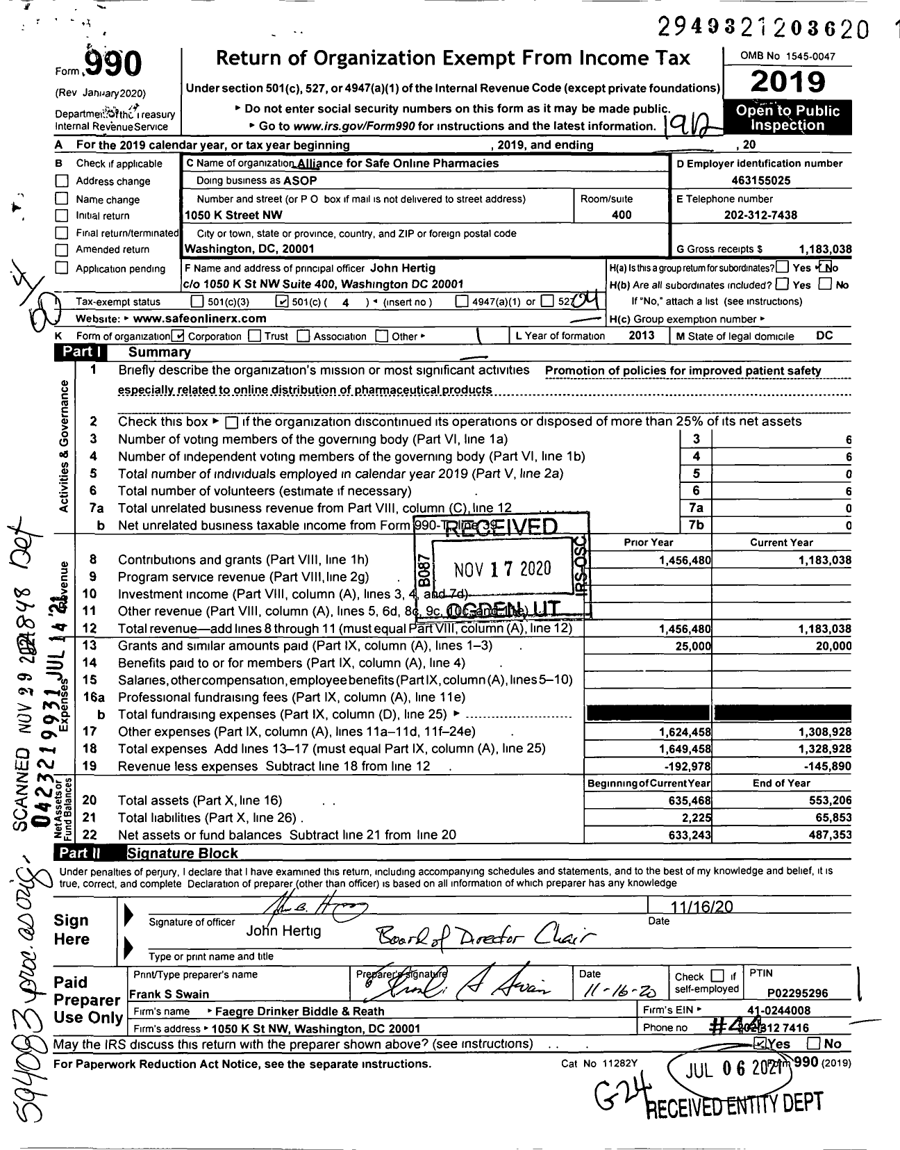 Image of first page of 2019 Form 990O for Alliance for Safe Online Pharmacies (ASOP)