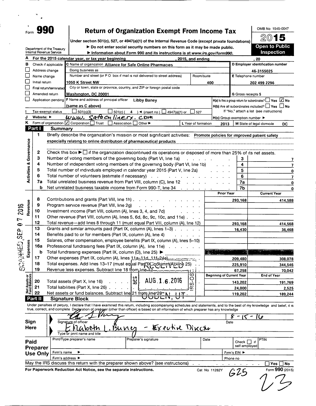 Image of first page of 2015 Form 990O for Alliance for Safe Online Pharmacies (ASOP)
