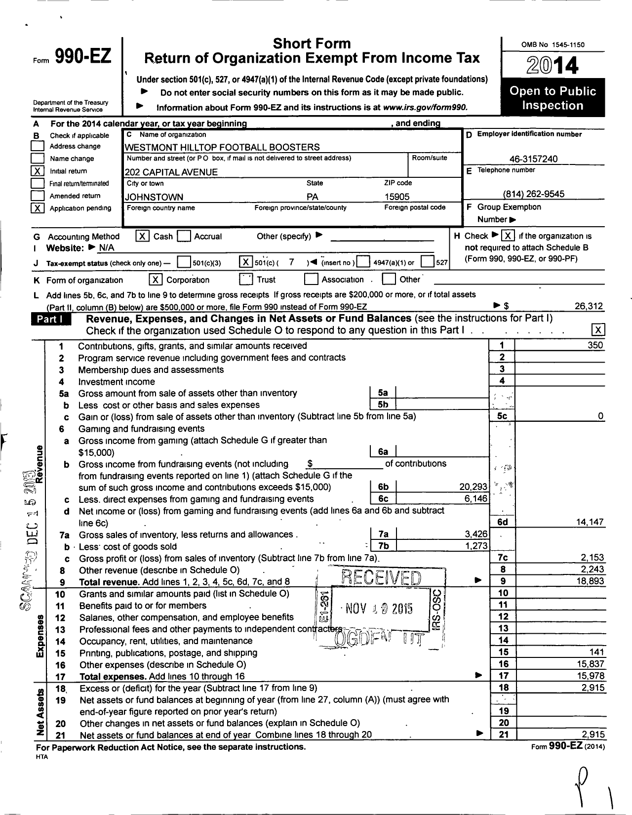 Image of first page of 2014 Form 990EO for Westmont Football Boosters