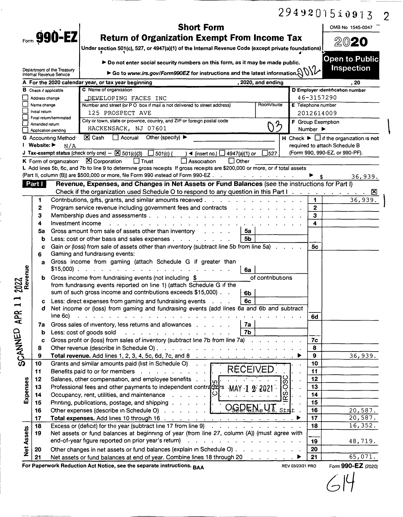 Image of first page of 2020 Form 990EZ for Developing Faces