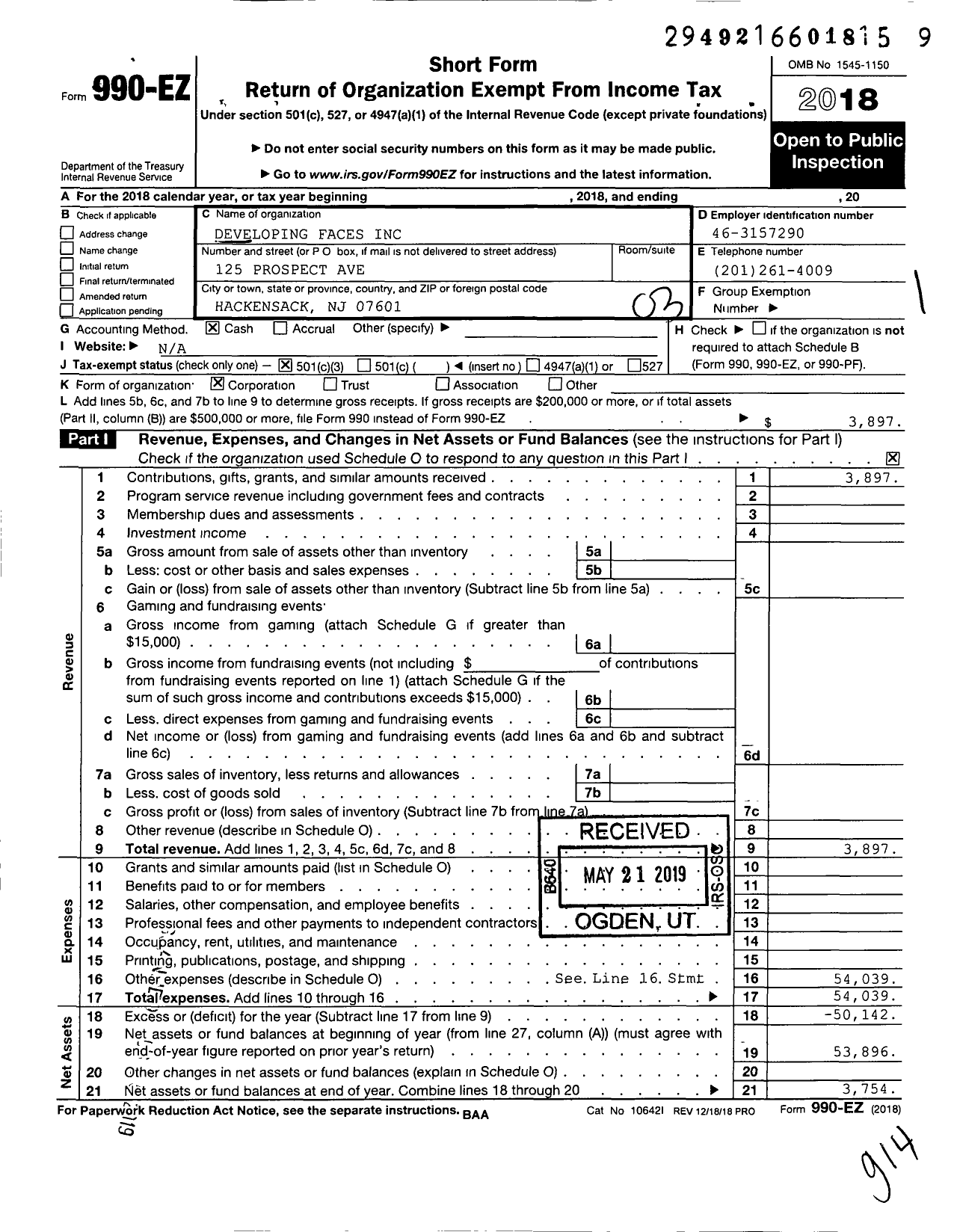 Image of first page of 2018 Form 990EZ for Developing Faces