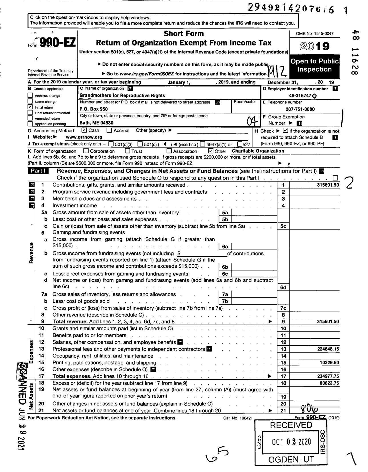 Image of first page of 2019 Form 990EO for Grandmothers for Reproductive Rights Action Fund