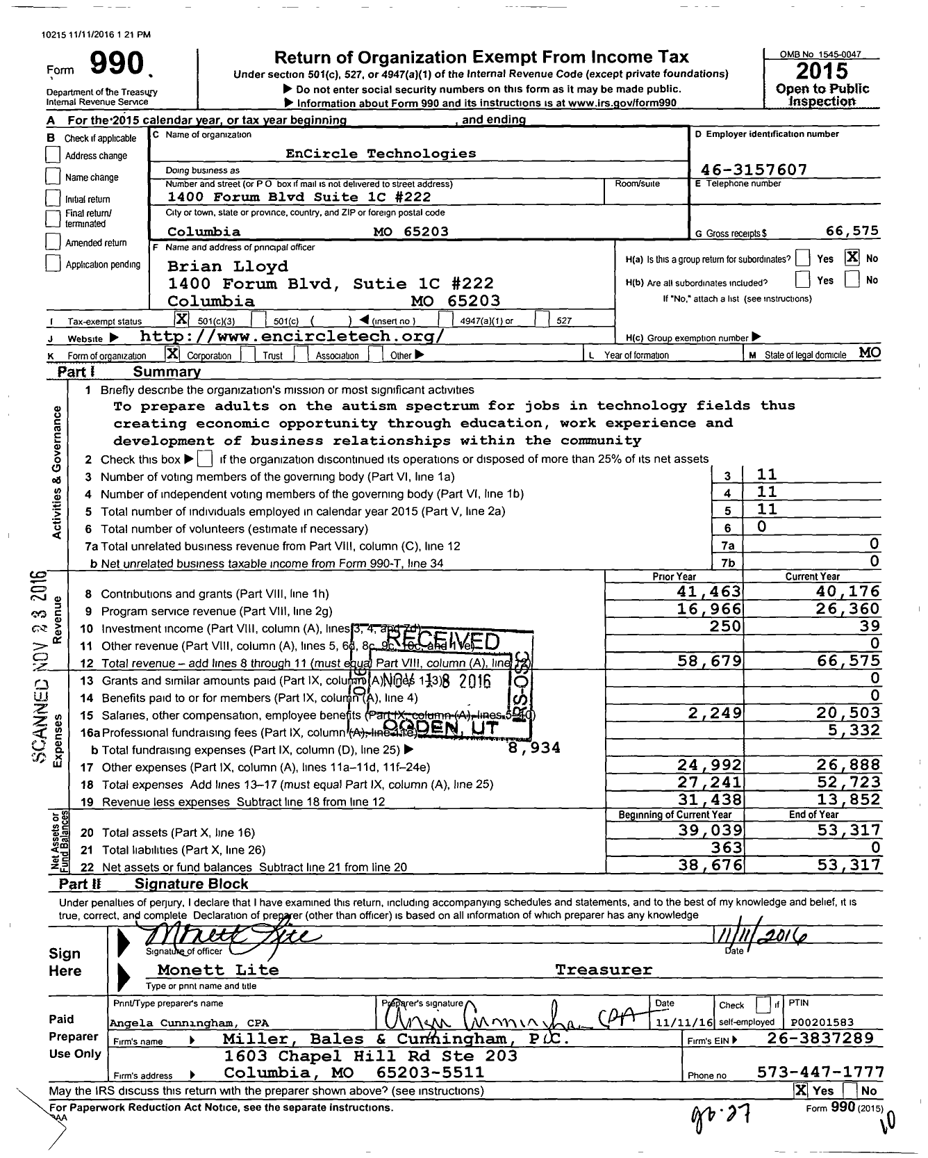 Image of first page of 2015 Form 990 for Encircle Technologies