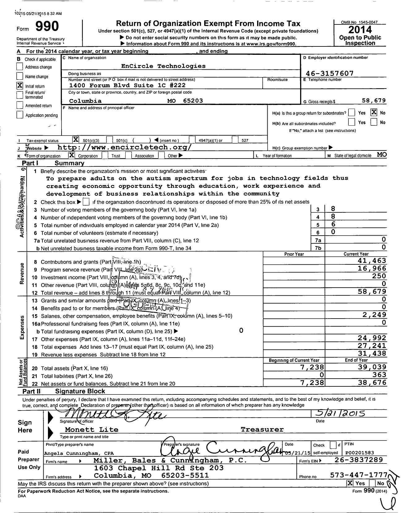 Image of first page of 2014 Form 990 for Encircle Technologies