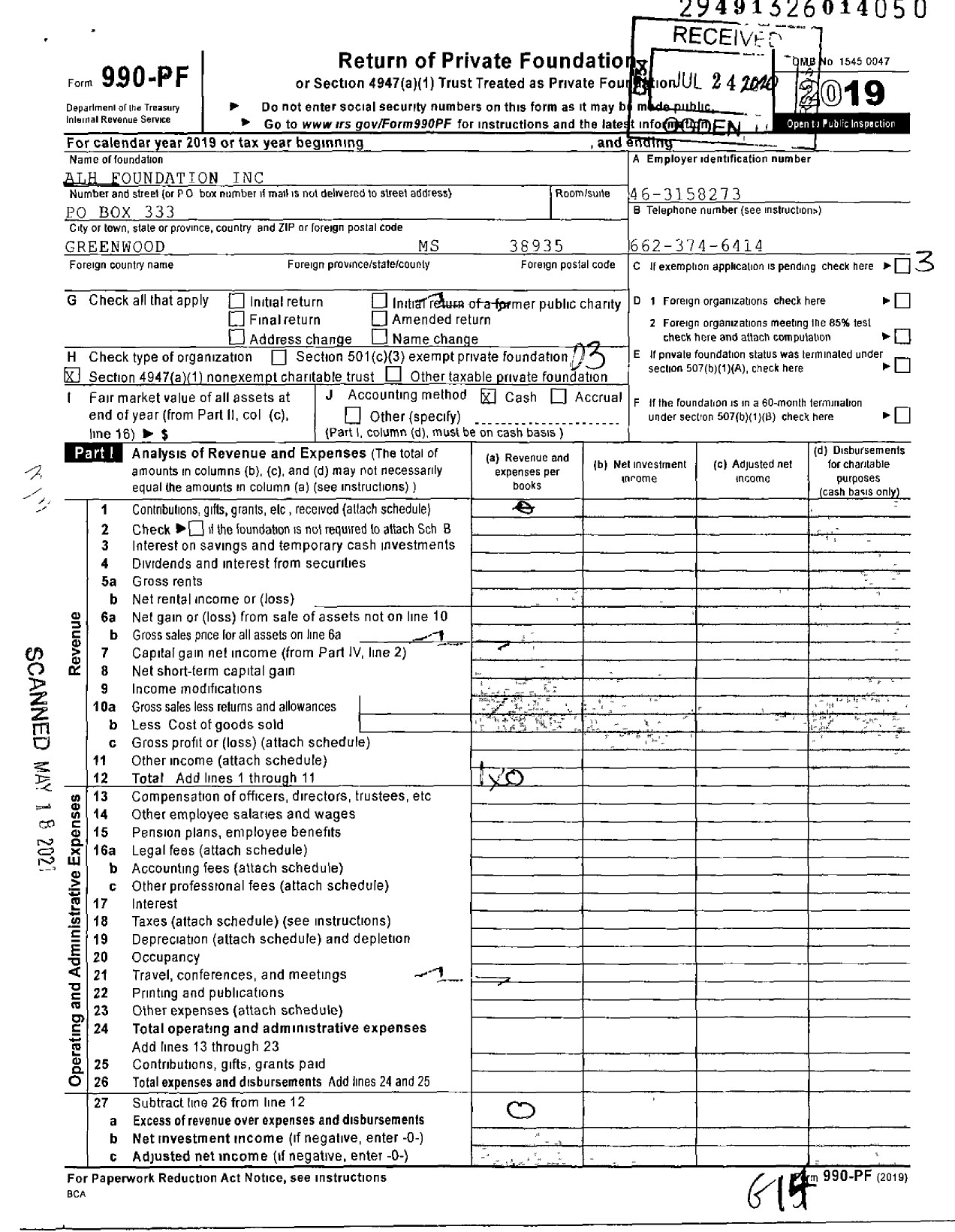 Image of first page of 2019 Form 990PF for ALH Foundation