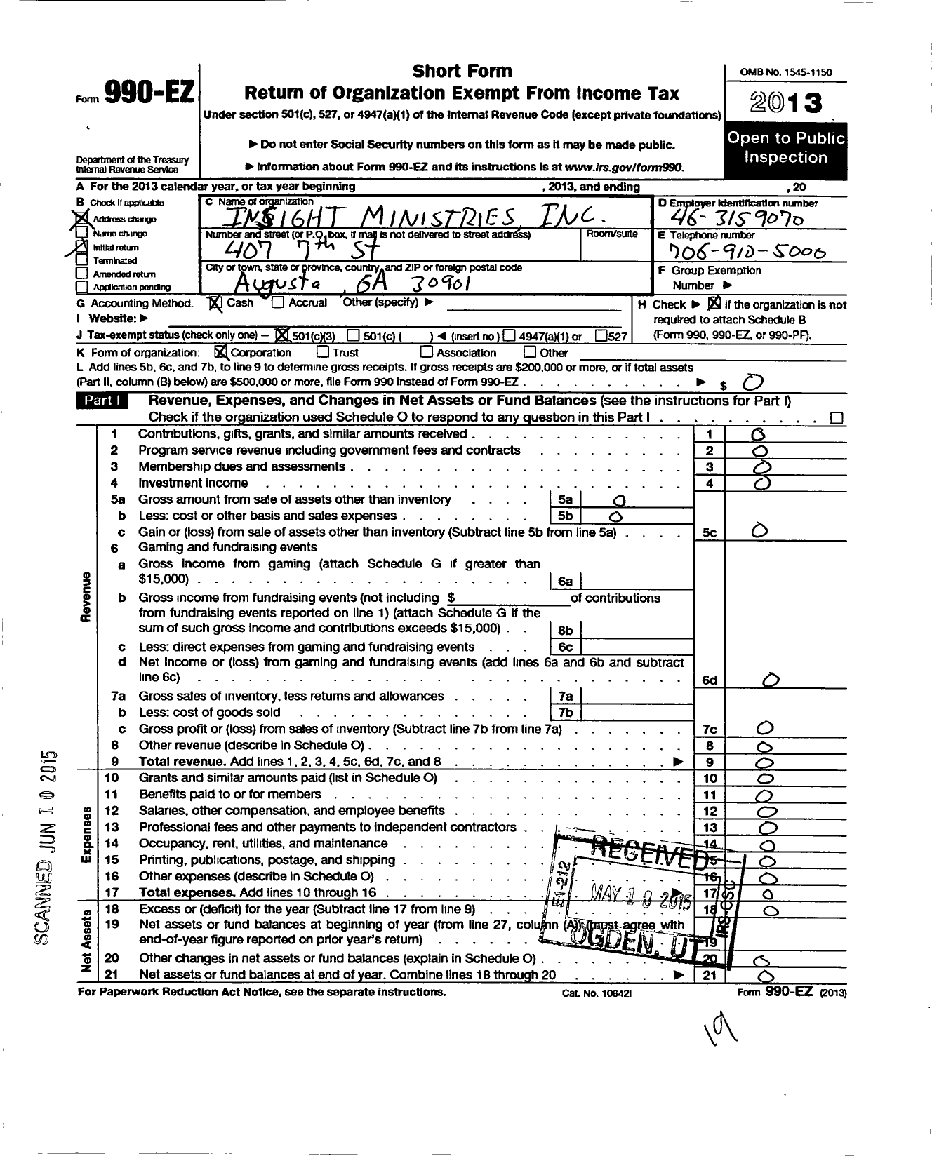 Image of first page of 2013 Form 990EZ for Insight Ministries