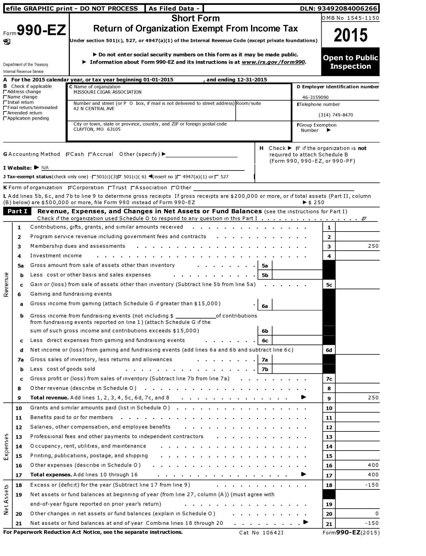 Image of first page of 2015 Form 990EO for Missouri Cigar Association