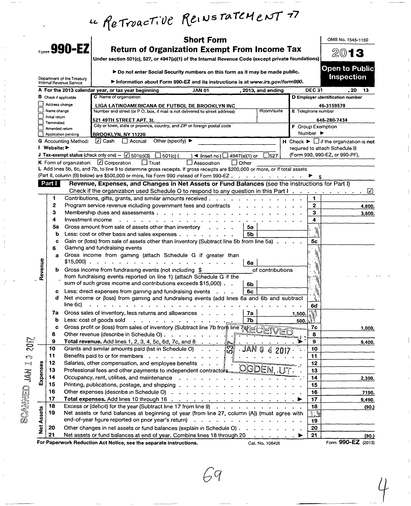 Image of first page of 2013 Form 990EZ for Liga Latinoamericana de Futbol de Brooklyn