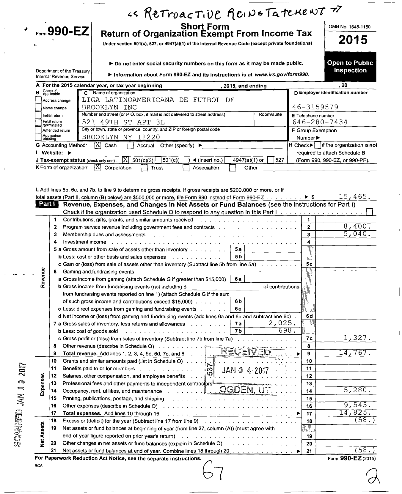 Image of first page of 2015 Form 990EZ for Liga Latinoamericana de Futbol de Brooklyn