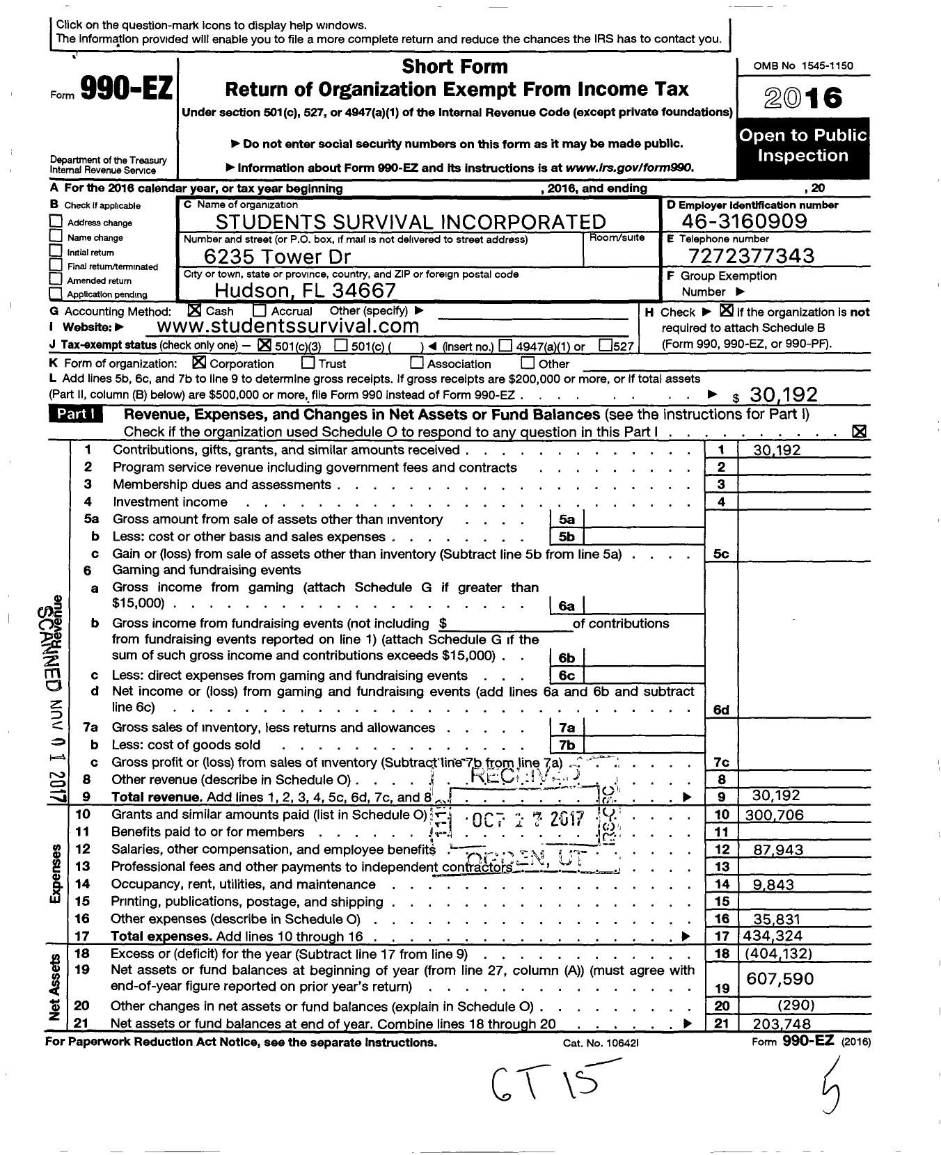 Image of first page of 2016 Form 990EZ for Students Survival Incorporated