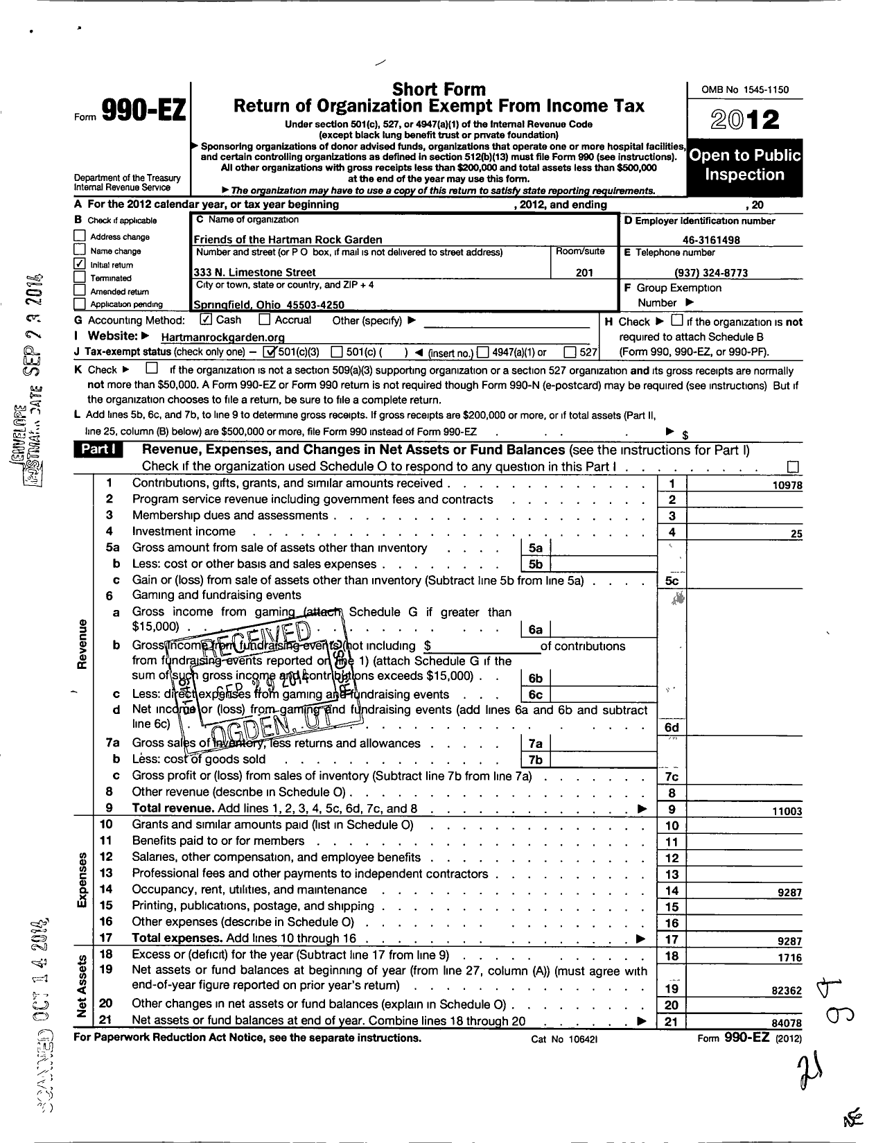 Image of first page of 2012 Form 990EZ for Friends of the Hartman Rock Garden