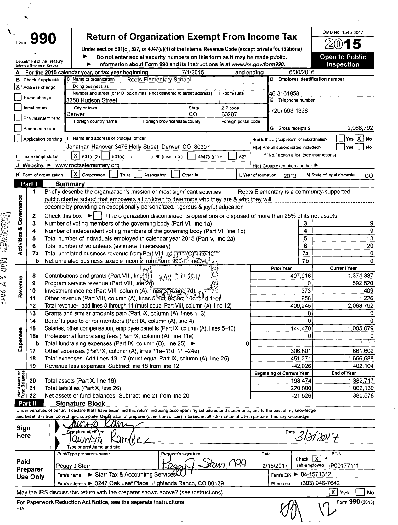 Image of first page of 2015 Form 990 for Roots Elementary School
