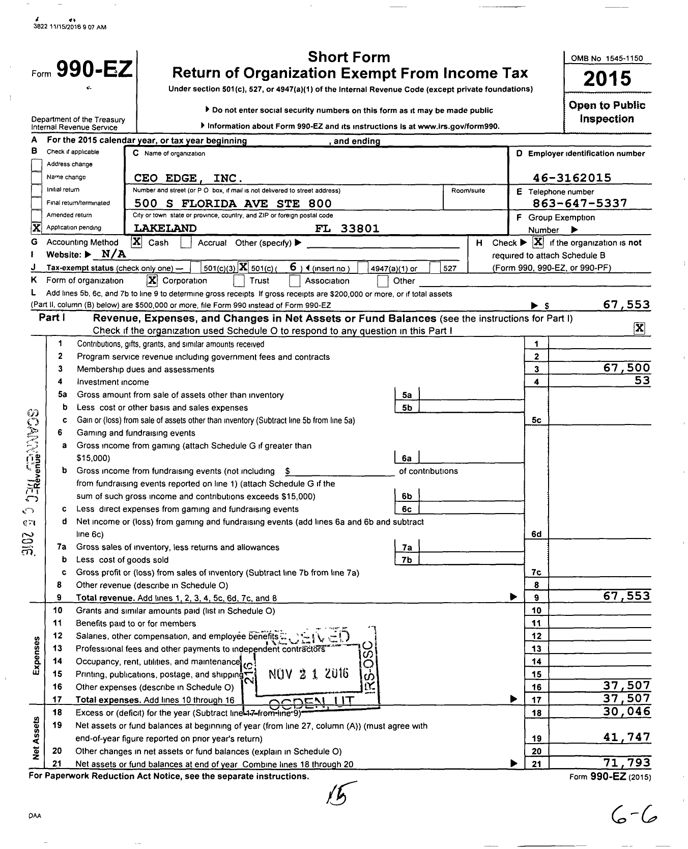 Image of first page of 2015 Form 990EO for CEO Edge